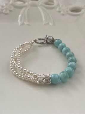 B198-Handmade High Quality Larimar and Baby Freshwater Pearl Braided Bracelet